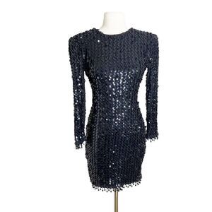 Vintage 90s Climax Karen Okada Black Sequin Stretch Mini‎ Dress Small 5/6 Beaded